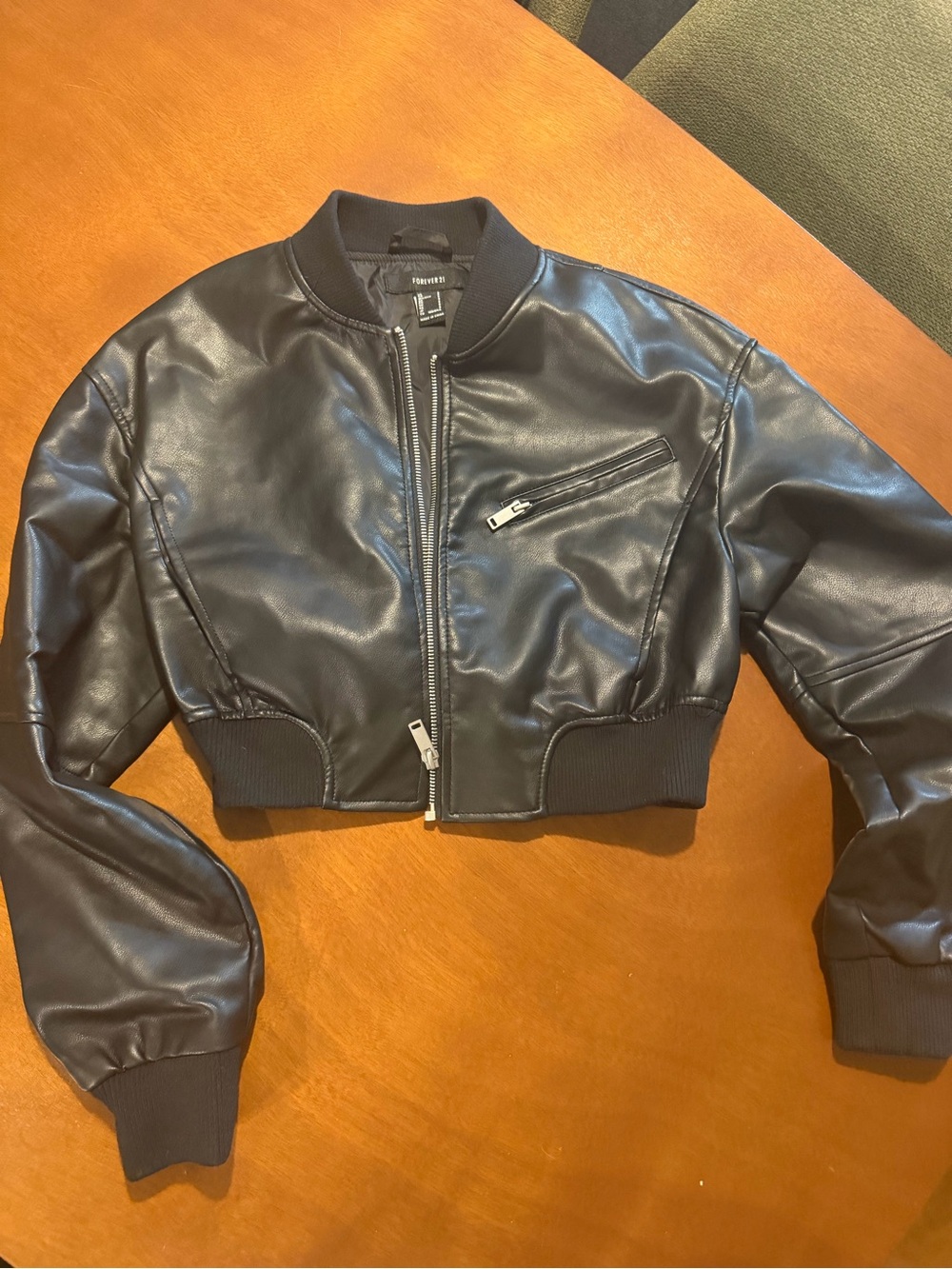Forever 21 Black Cropped Faux Leather Bomber Jacket - Ribbed Hem